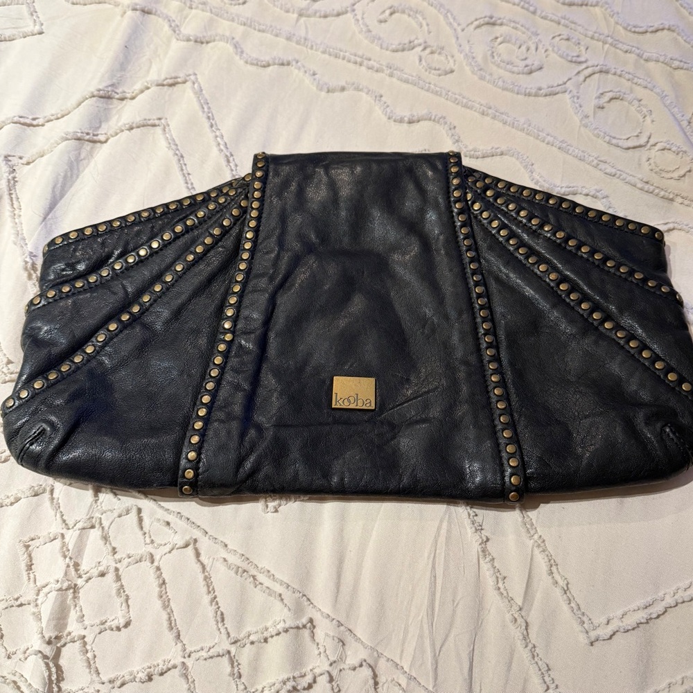 Kooba Black Leather Clutch with Gold Studs